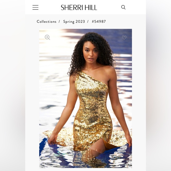 Sherri Hill No. 54987: Gold one shoulder sequin gown with high slit skirt. - Picture 3 of 4